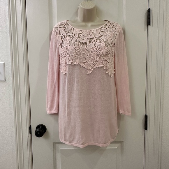 J. Jill XS Blush Pink Linen Blend Embroidered Collar Chest Lightweight Sweater - Picture 2 of 15